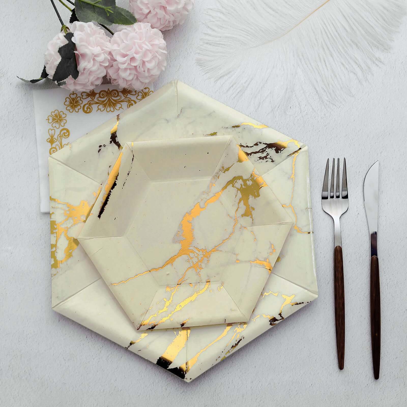 25-Pack Ivory Marble Disposable Dinner Paper Plates, 12-Inch Hexagon with Gold Foil Design - Great Value!