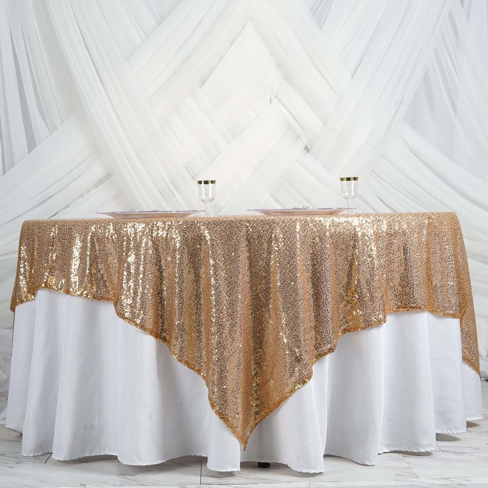Sparkly Gold Sequin 90x90 Square Table Overlay for Stylish Celebrations