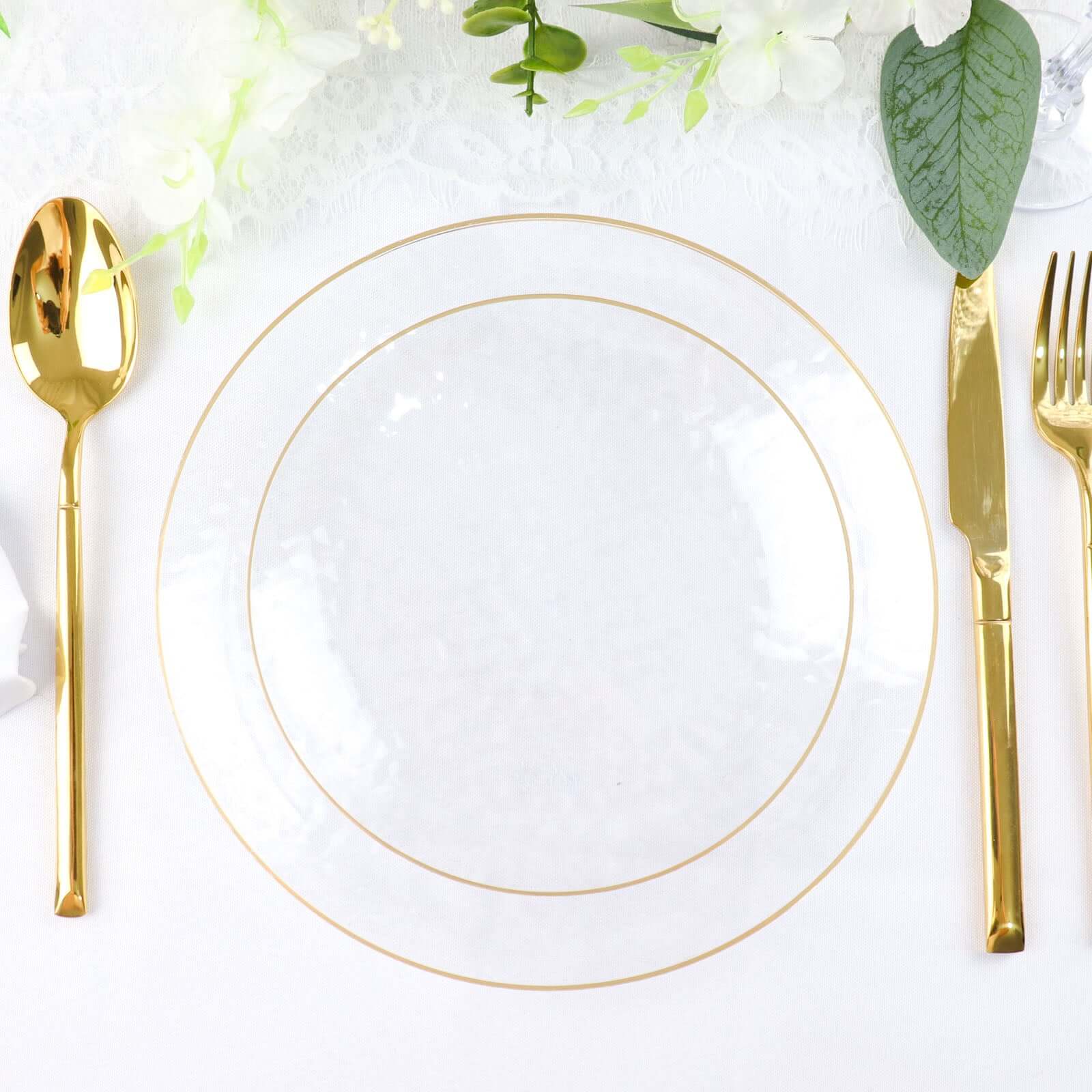 Hot Deal! 10-Pack Clear Plastic Round Dessert Plates with Hammered Gold Rim - Disposable & Modern
