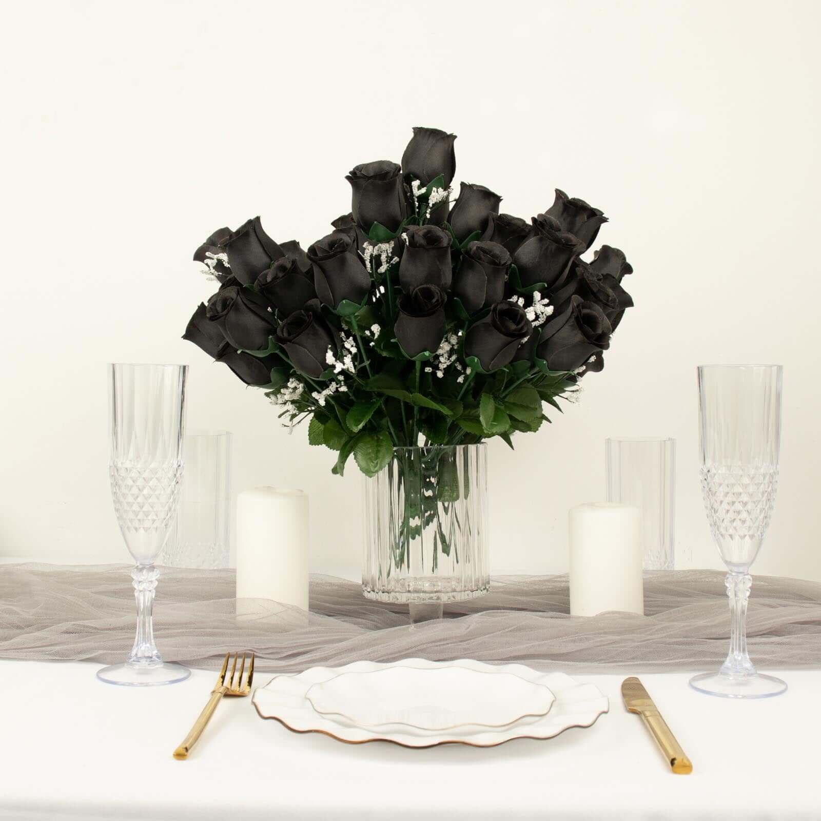 Premium Artificial Black Silk Rose Bud Bouquets - 12 Bushes for Stunning Decor