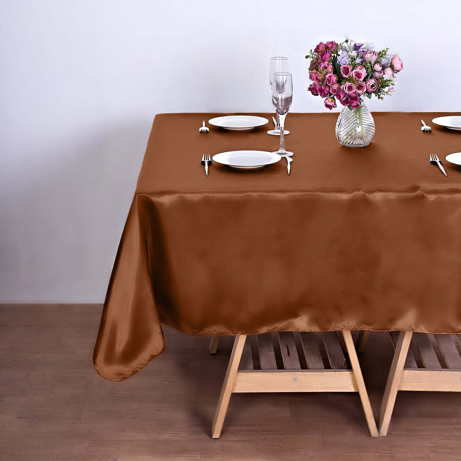 Cinnamon Brown Satin 72x72 Square Table Overlay with Smooth Finish