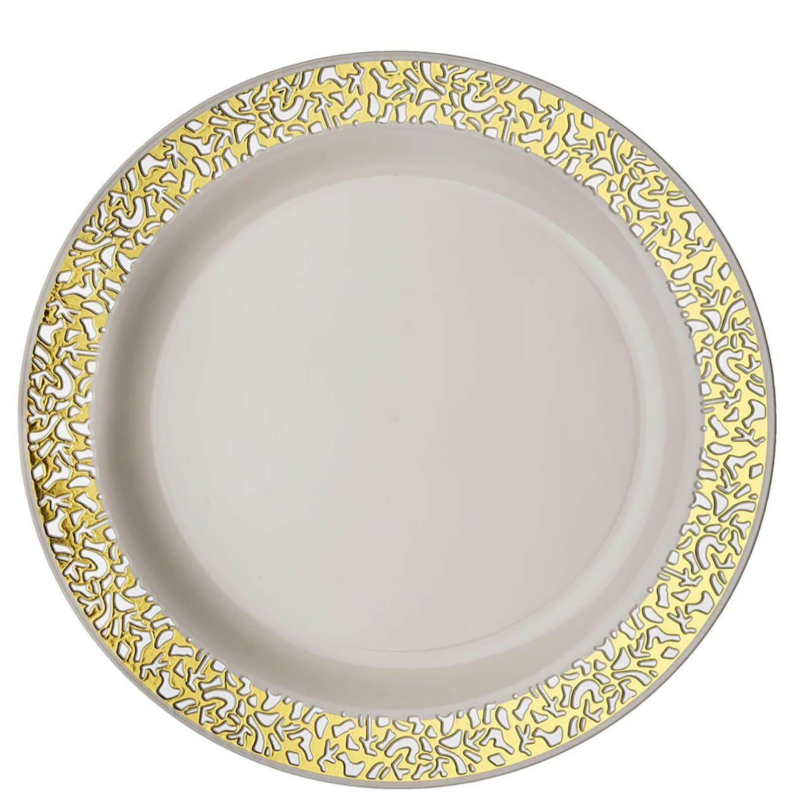 10-Pack Ivory Plastic Disposable Appetizer Plates with Gold Lace Rim, 6 Inches