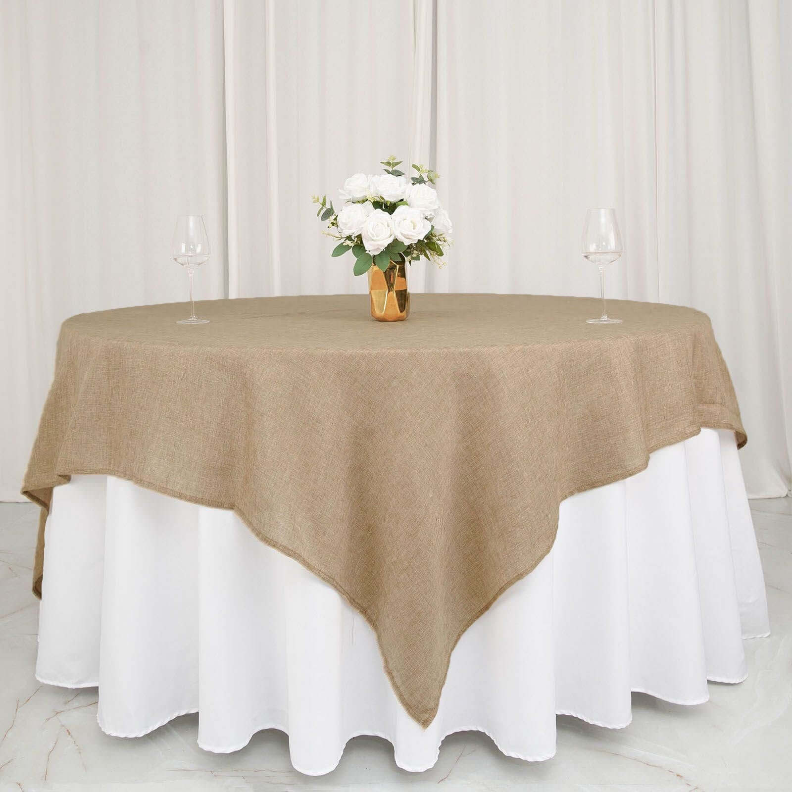 Hot Sale! Natural Faux Burlap 90x90 Square Table Overlay for Stylish Boho - Chic Celebrations