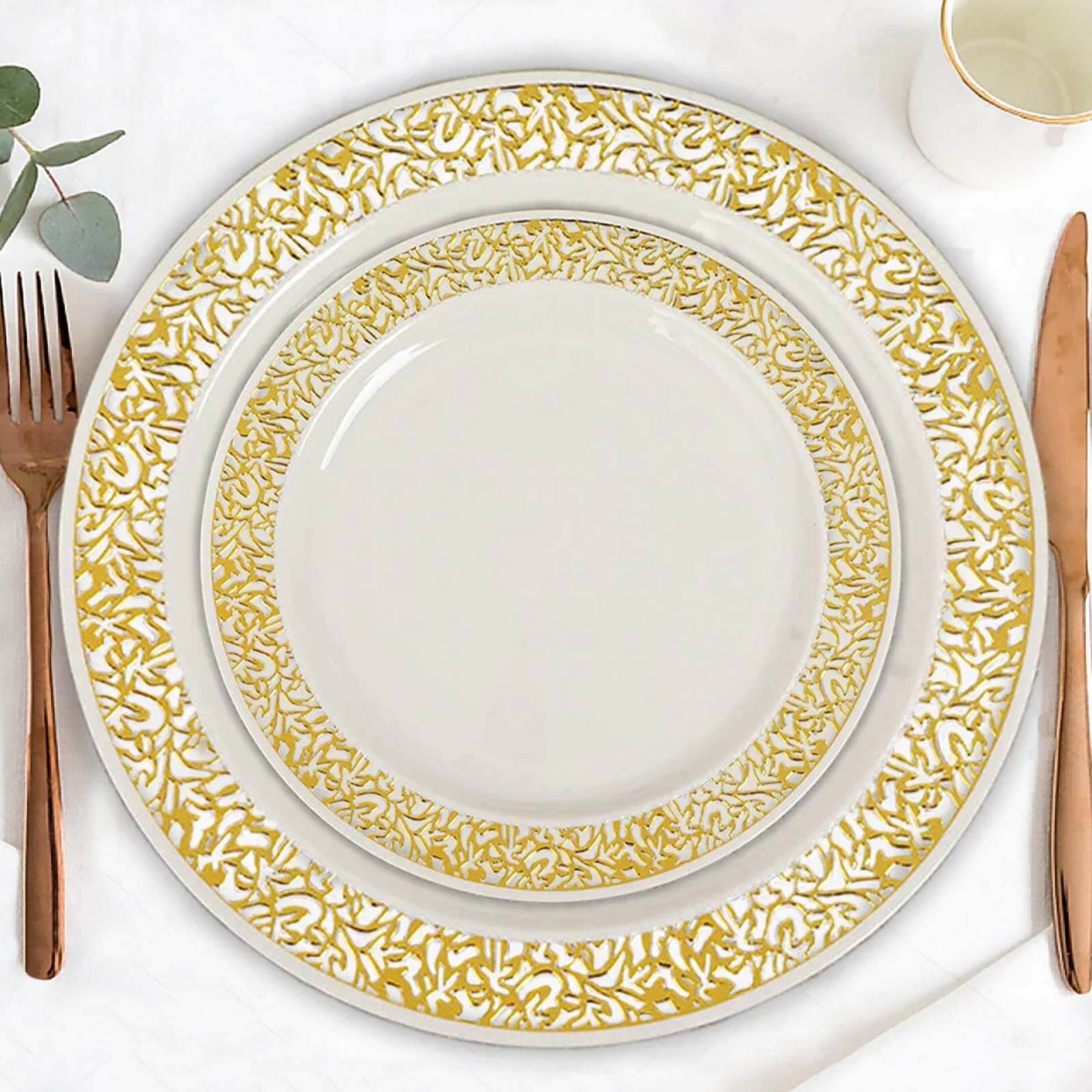 10-Pack Ivory Plastic Disposable Appetizer Plates with Gold Lace Rim, 6 Inches