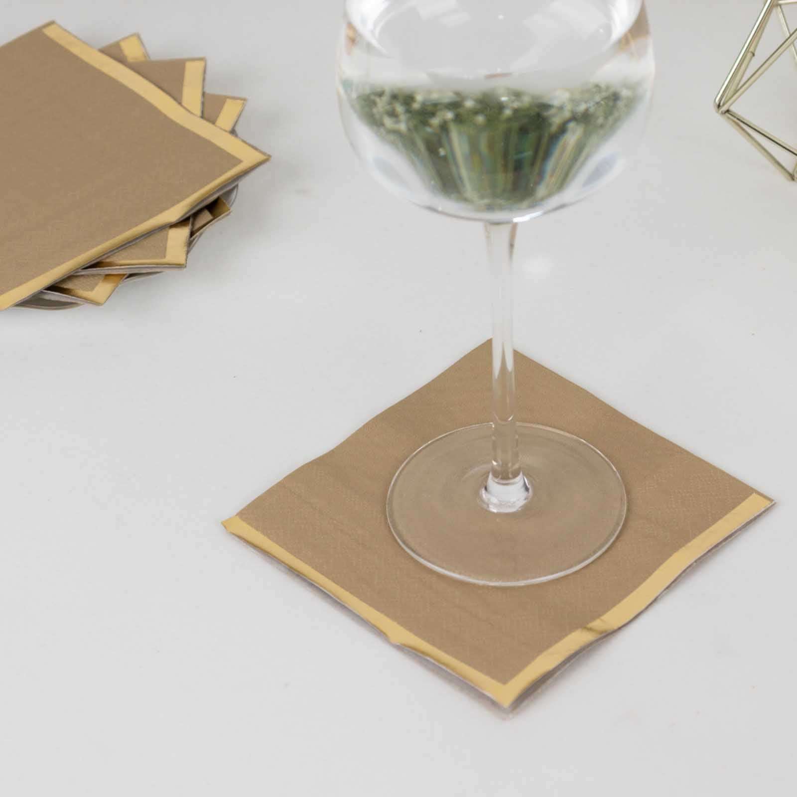 50-Piece 2-Ply Disposable Soft 18GSM Natural Paper Cocktail Napkins with Gold Foil Edge 5x5