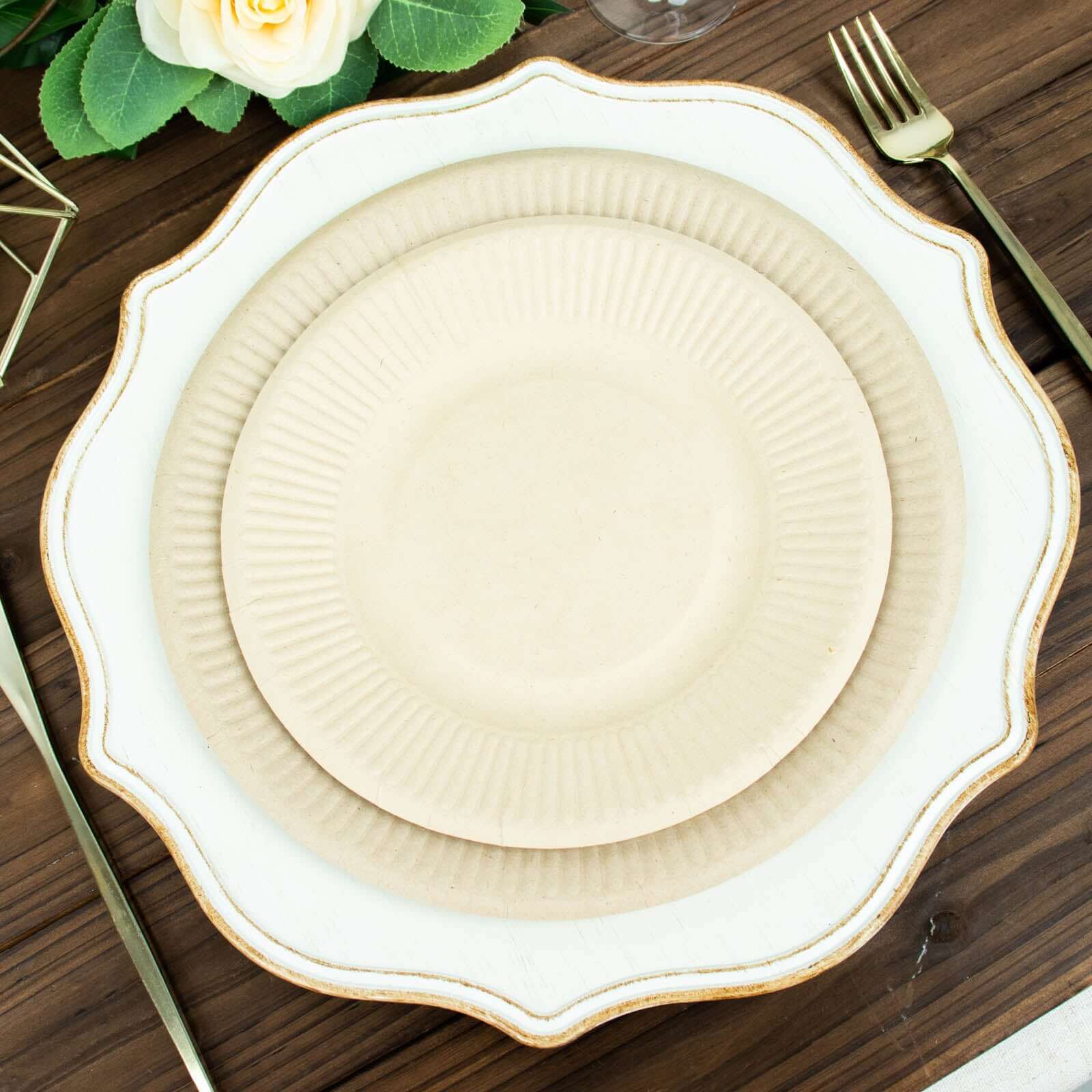 50-Piece Set of Natural 8-Inch Round Bagasse Dessert Plates with Ribbed Edge