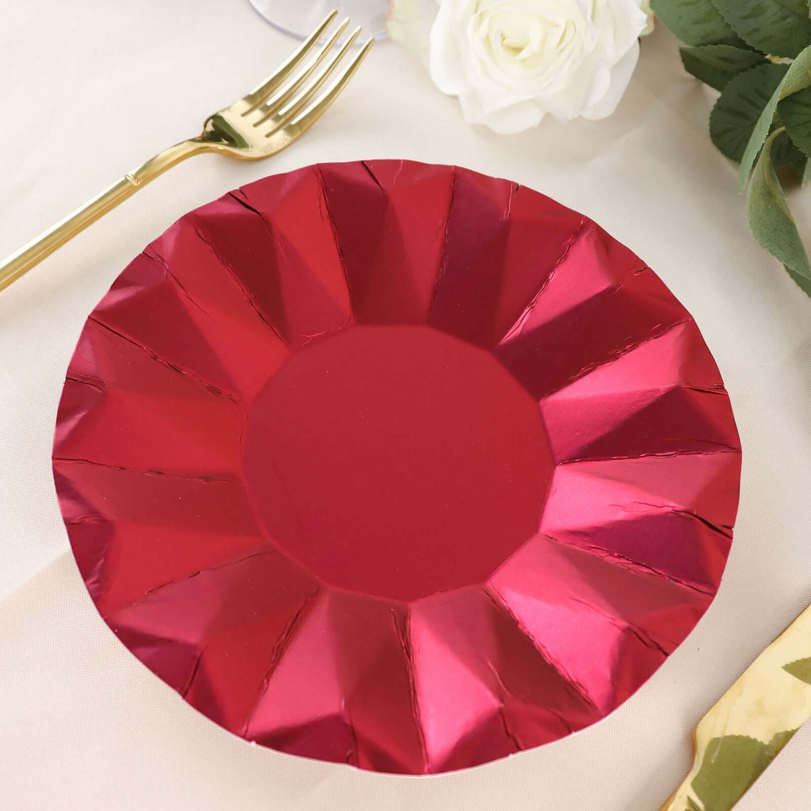 25-Pack 7-Inch Disposable Burgundy Round Dessert Plates with Geometric Prism Rim, 400GSM
