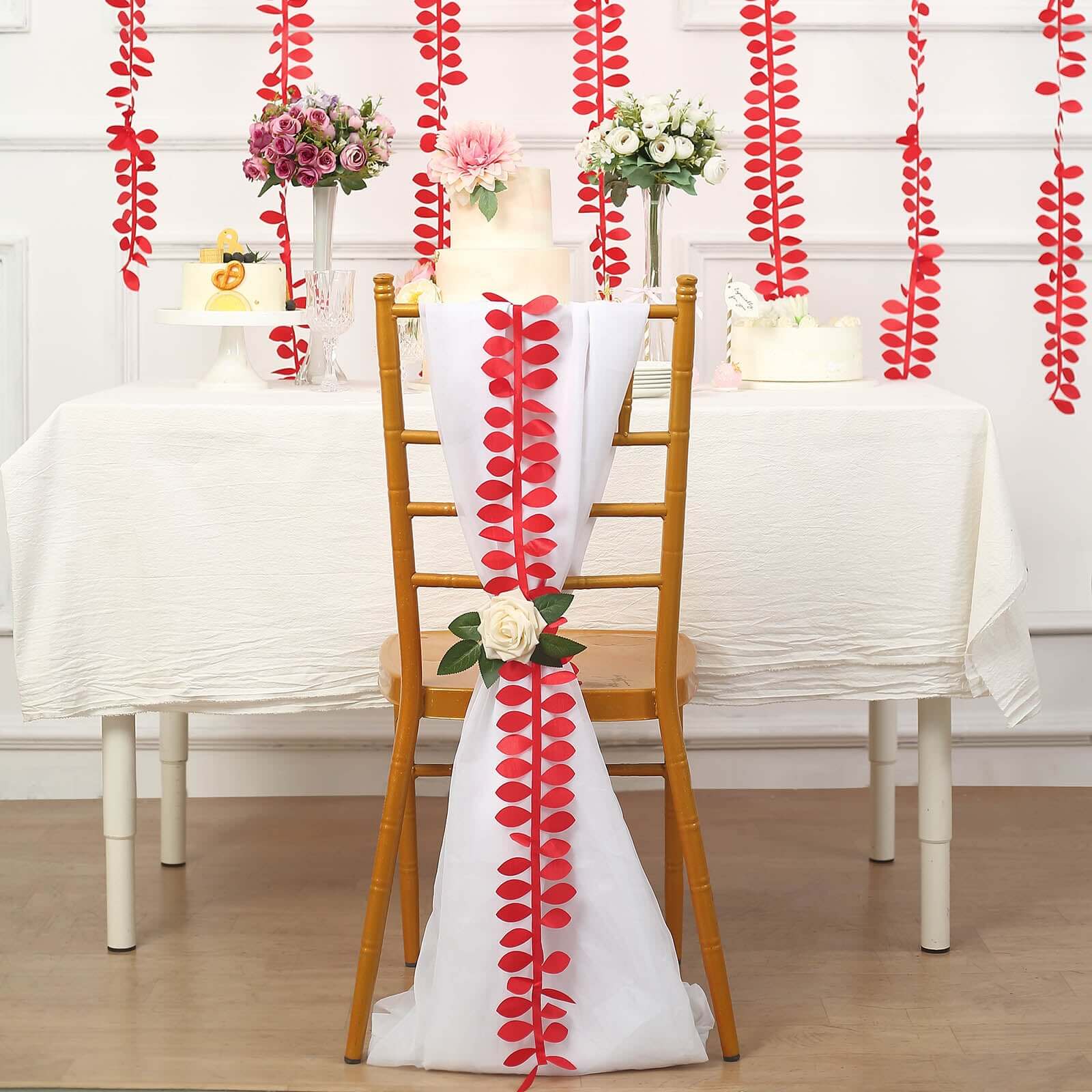 Red 50ft Taffeta Ribbon Sash with Elegant 4 - Leaf Petal Design, Ideal for Decor