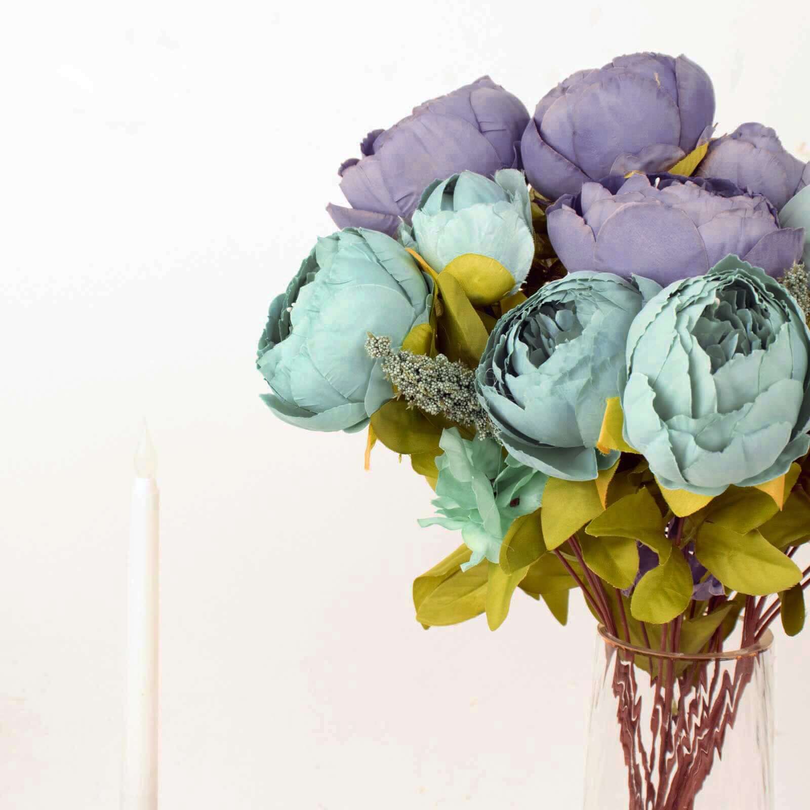 Hot Deal! 2-Pack 19-Inch Dusty Blue Artificial Peony Flower Bouquets for Weddings and Decor