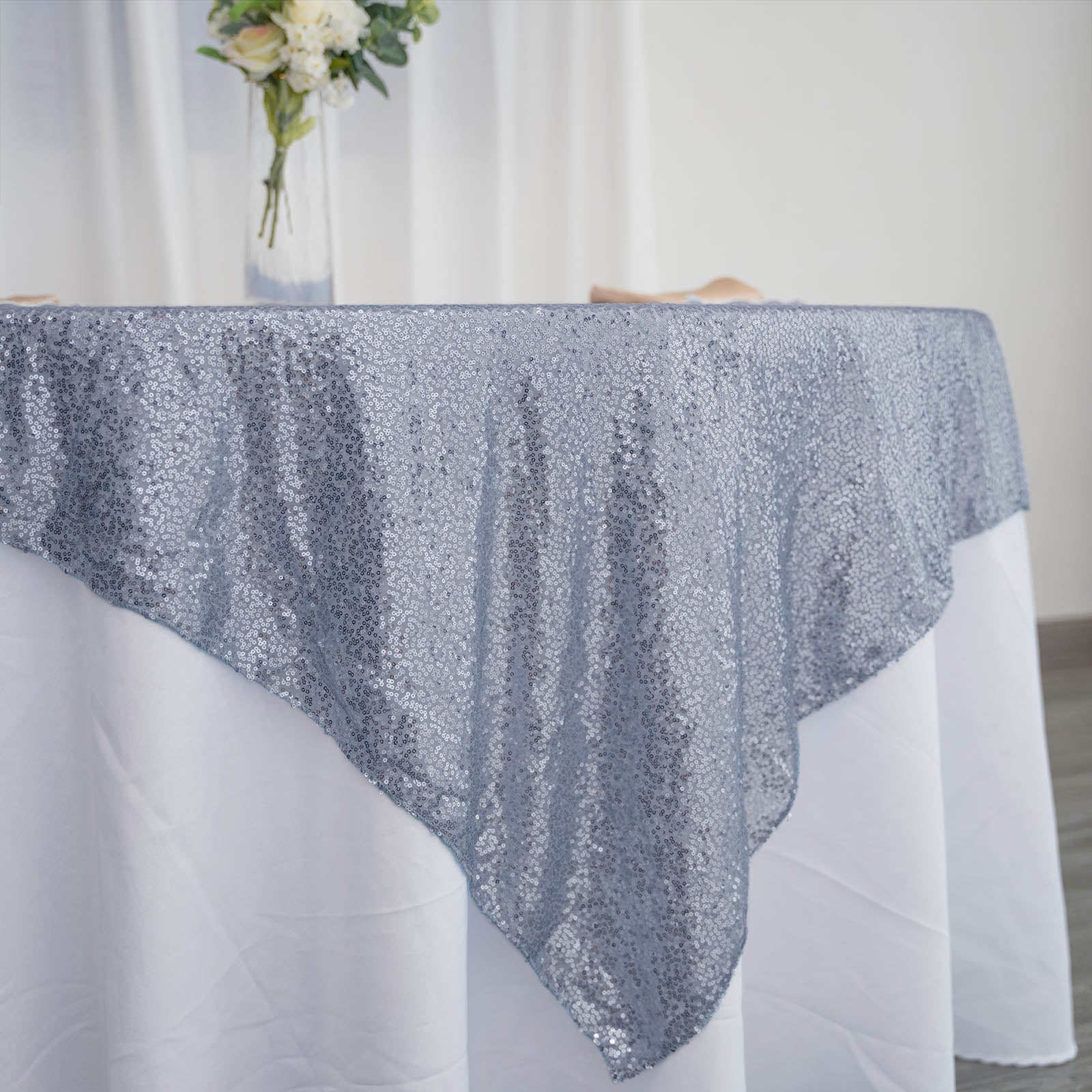 Sparkly Dusty Blue Sequin Square Table Overlay 72x72 - Ideal for Events