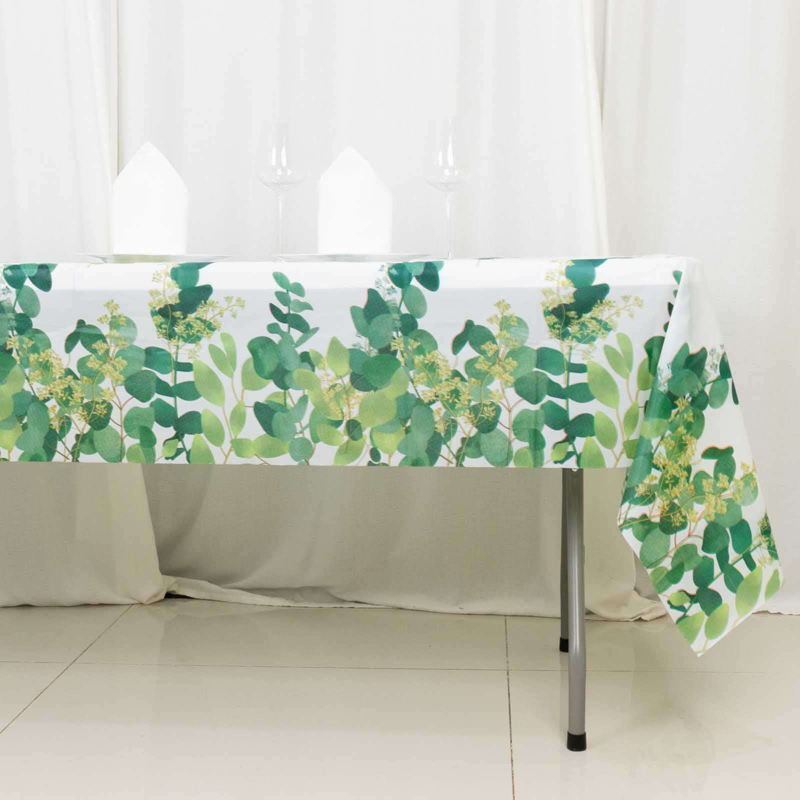 5-Pack White/Green Eucalyptus Leaves Printed Plastic Disposable Table Covers 54x108 - Ideal for Parties