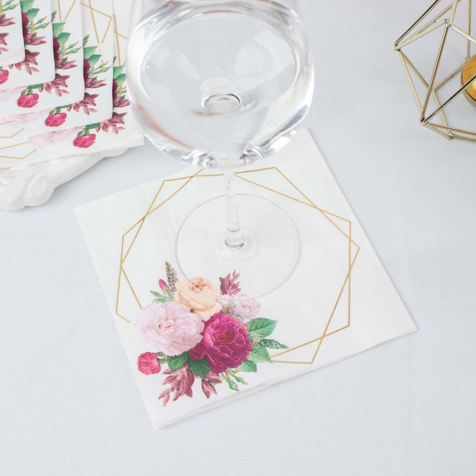 20-Pack White Paper Napkins with Gold Hexagon Frame & Floral Print - Ideal for Parties
