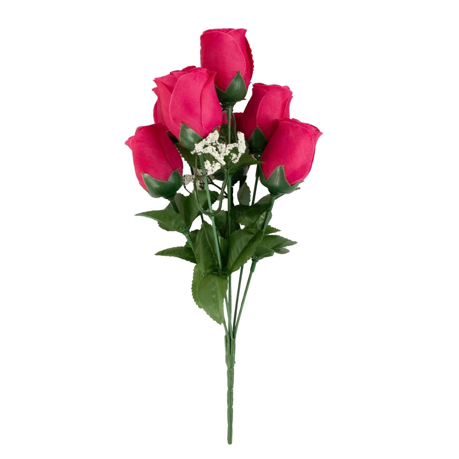 Premium Artificial Silk Fuchsia Rose Bud Bouquets - Set of 12 Bushes for Decor