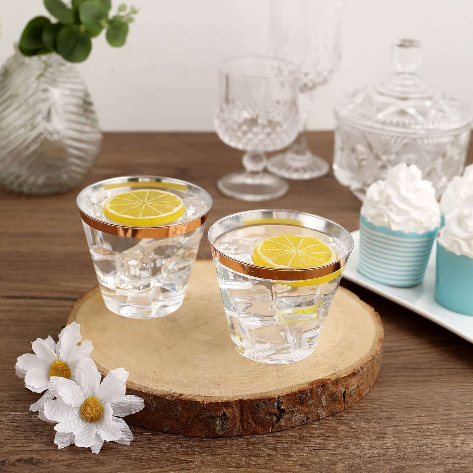Hot Sale! 12-Pack 10oz Clear Plastic Party Squat Cups with Rose Gold Rim for Special Occasions