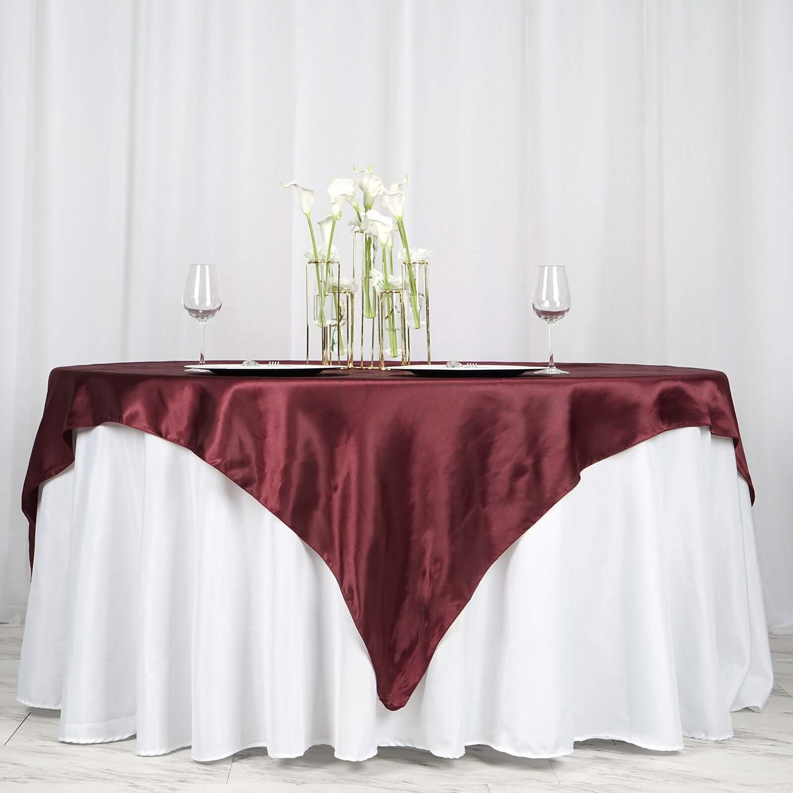 Hot! Burgundy 72x72 Satin Square Table Overlay with Smooth Finish