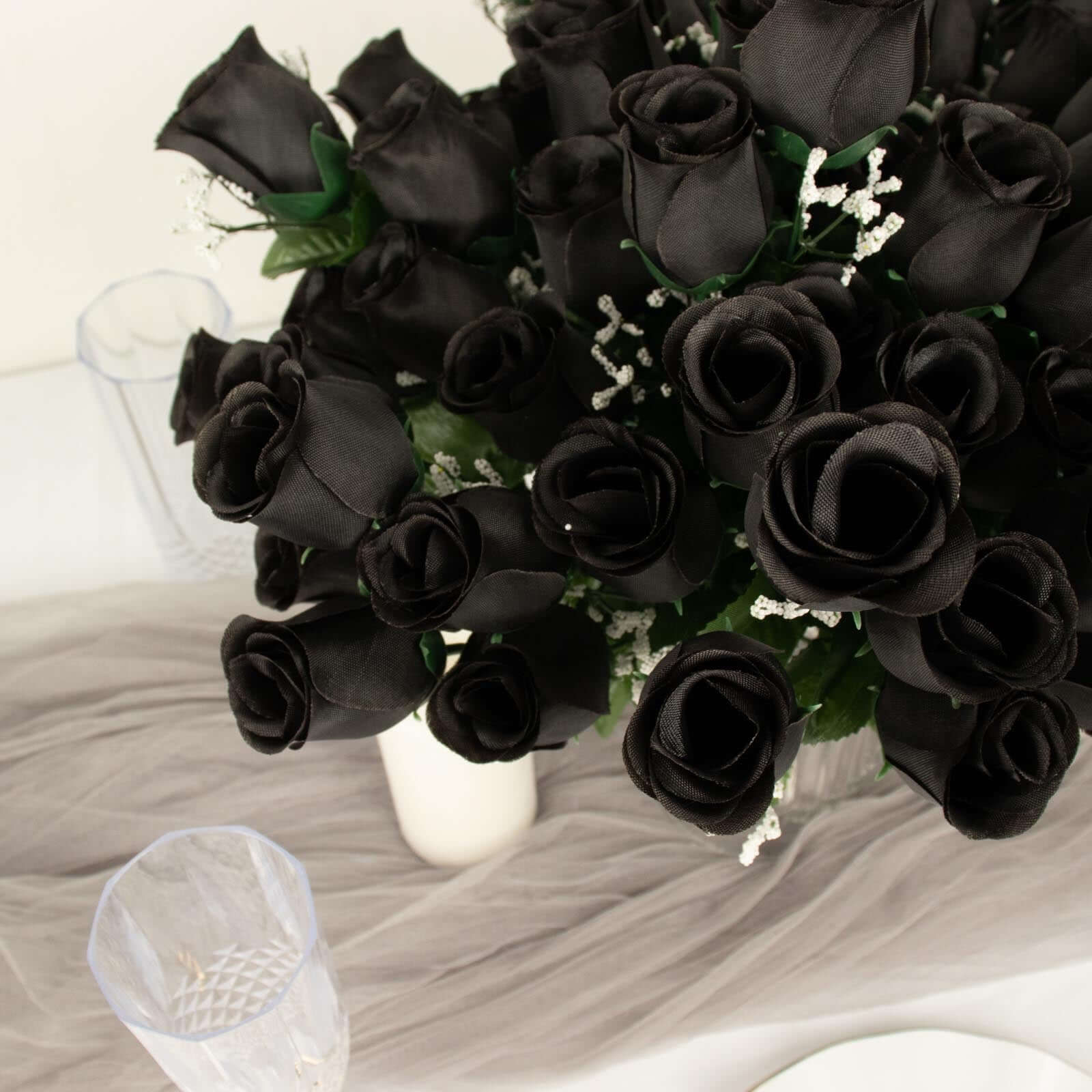 Premium Artificial Black Silk Rose Bud Bouquets - 12 Bushes for Stunning Decor