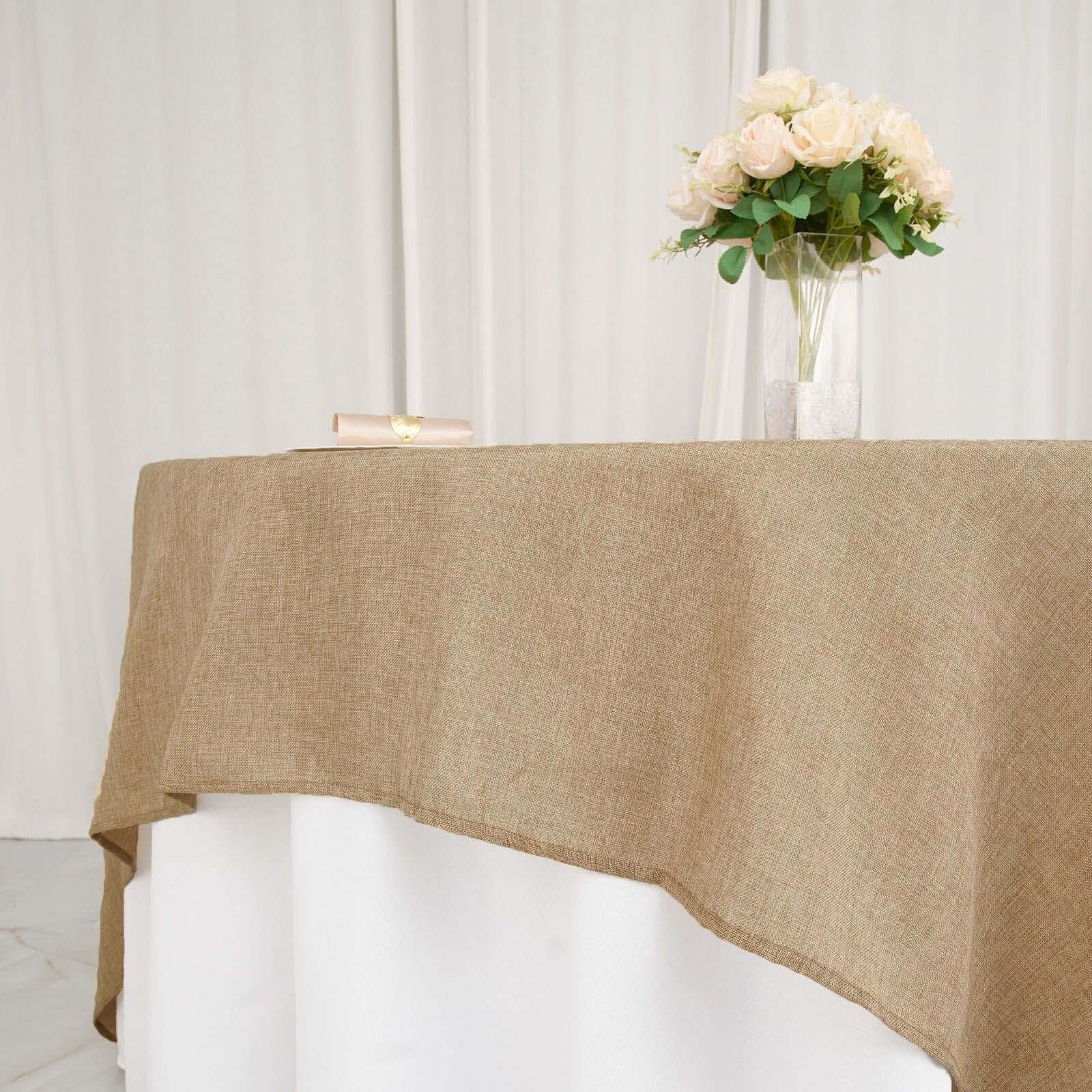 Hot Sale! Natural Faux Burlap 90x90 Square Table Overlay for Stylish Boho - Chic Celebrations