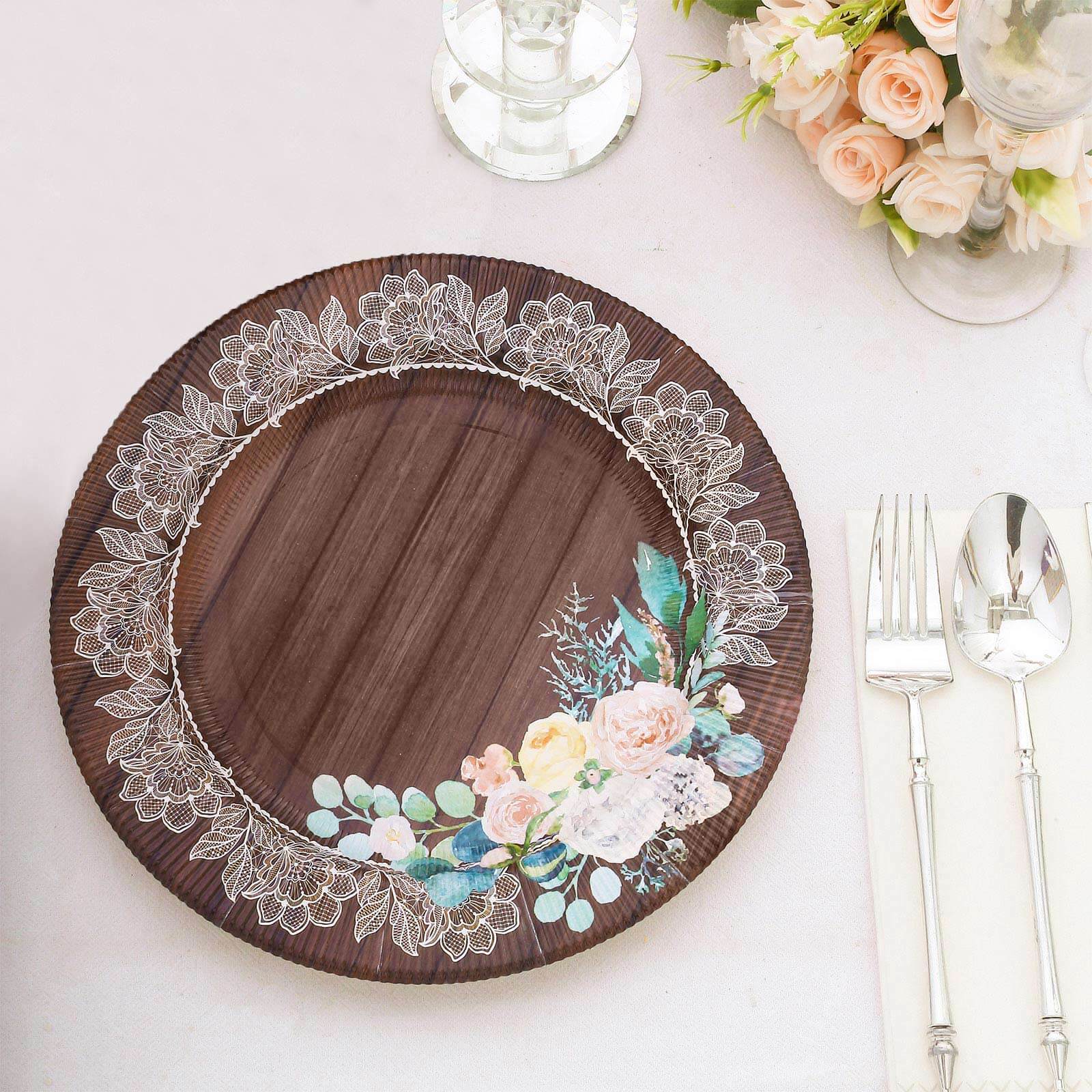 25-Piece Disposable 8-Inch Round Brown Wood Print Dessert Plates with Floral Lace Rim for Rustic Events