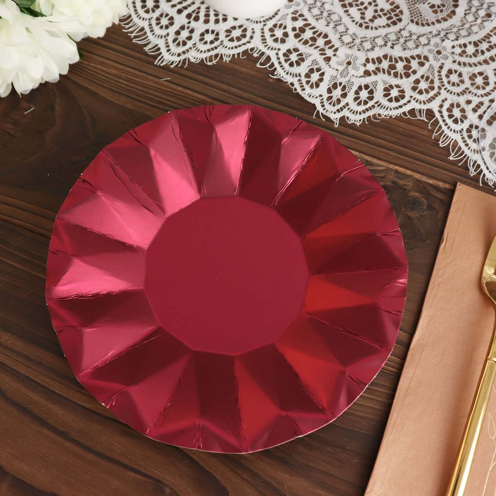 25-Pack 7-Inch Disposable Burgundy Round Dessert Plates with Geometric Prism Rim, 400GSM