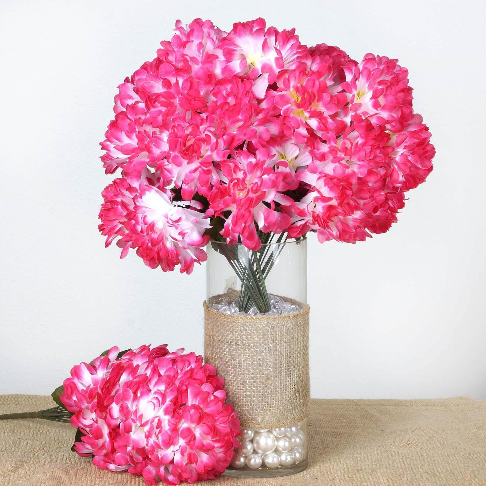 On Sale! 4 Bushes of Fuchsia Artificial Silk Chrysanthemum with 56 Faux Flowers