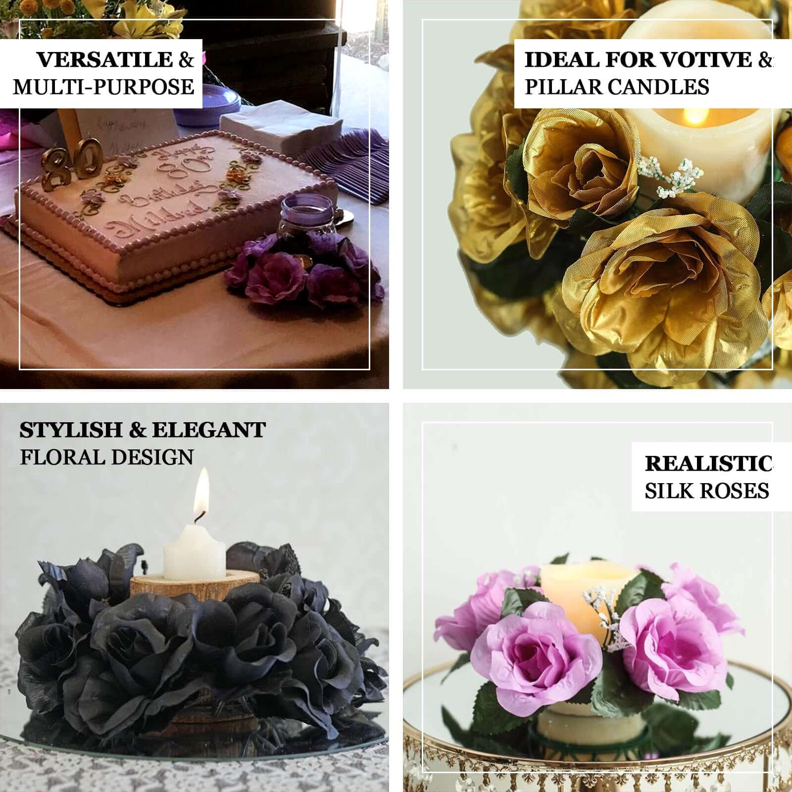 Set of 4 Artificial White Silk Rose and Baby's Breath Candle Ring Wreaths