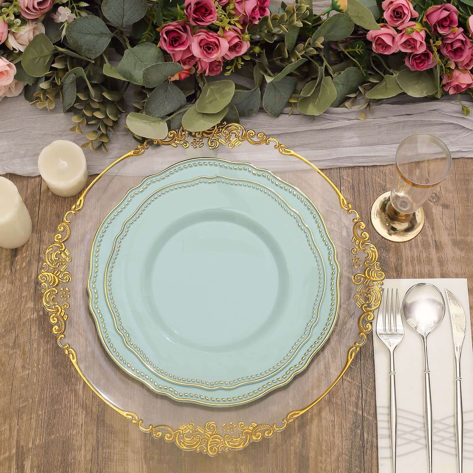 Disposable 10-Pack Large Plastic Dinner Plates in Jade with Gold Scalloped Rim