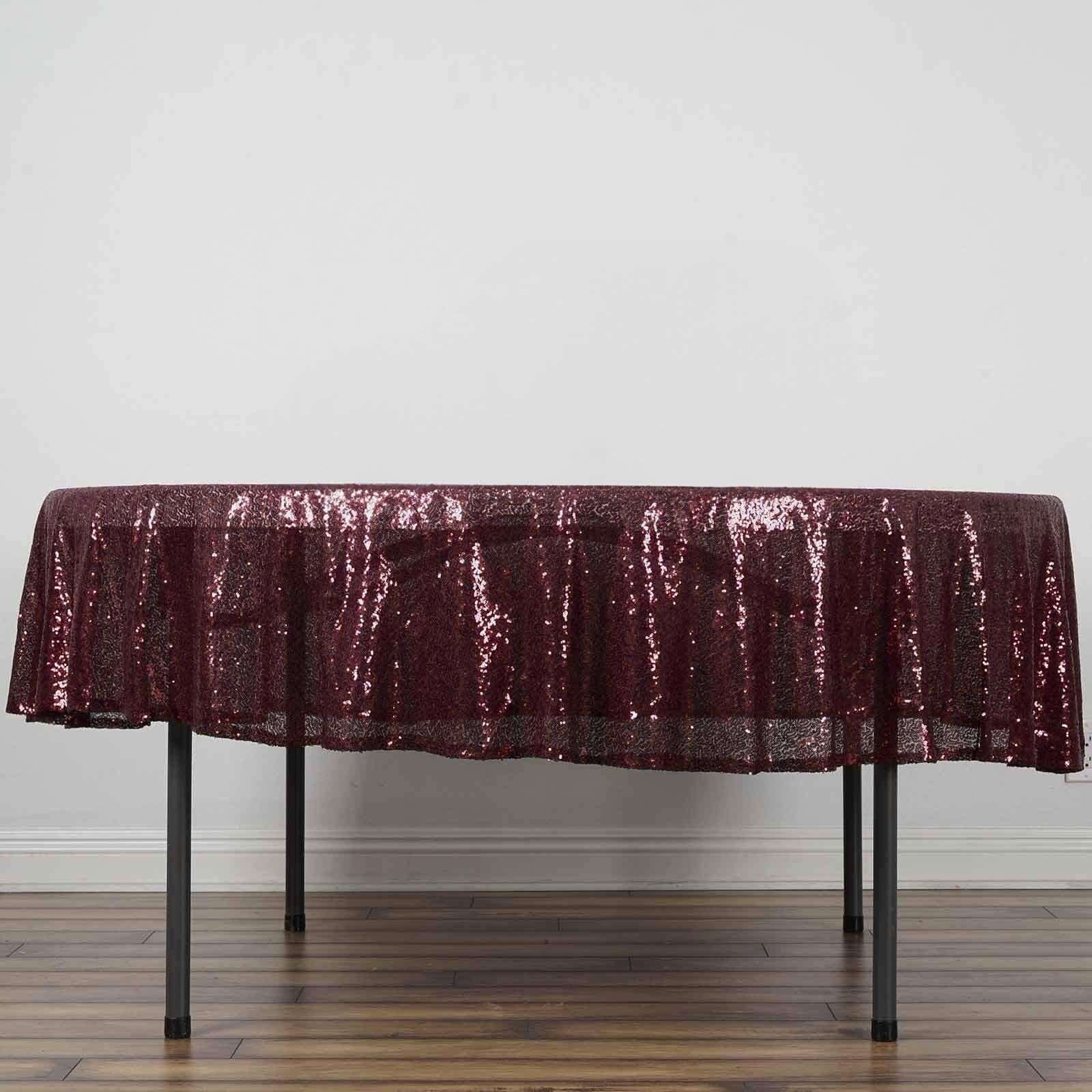 Hot Sale! 90-Inch Burgundy Sequined Round Tablecloth for Special Events