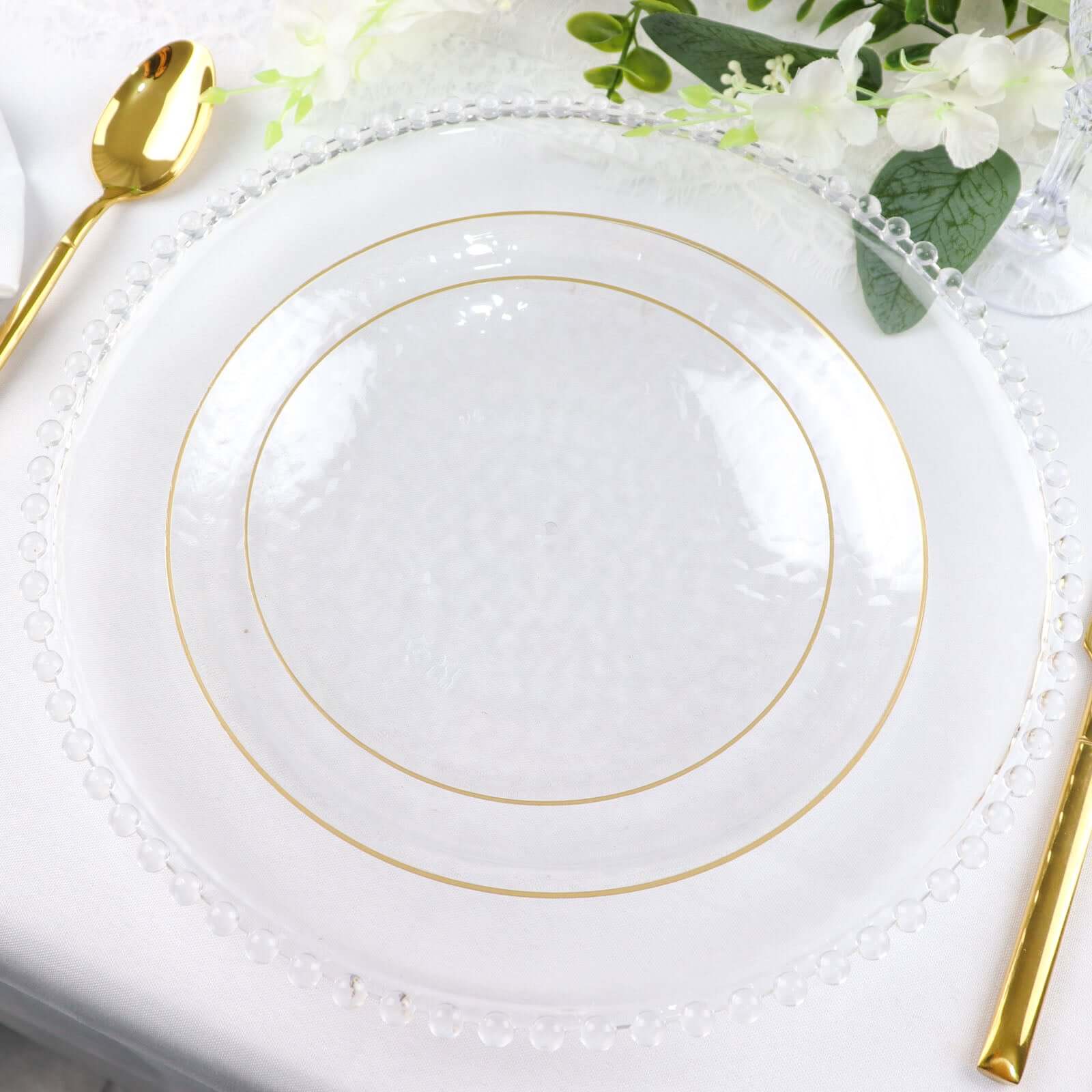 Hot Deal! 10-Pack Clear Plastic Round Dessert Plates with Hammered Gold Rim - Disposable & Modern