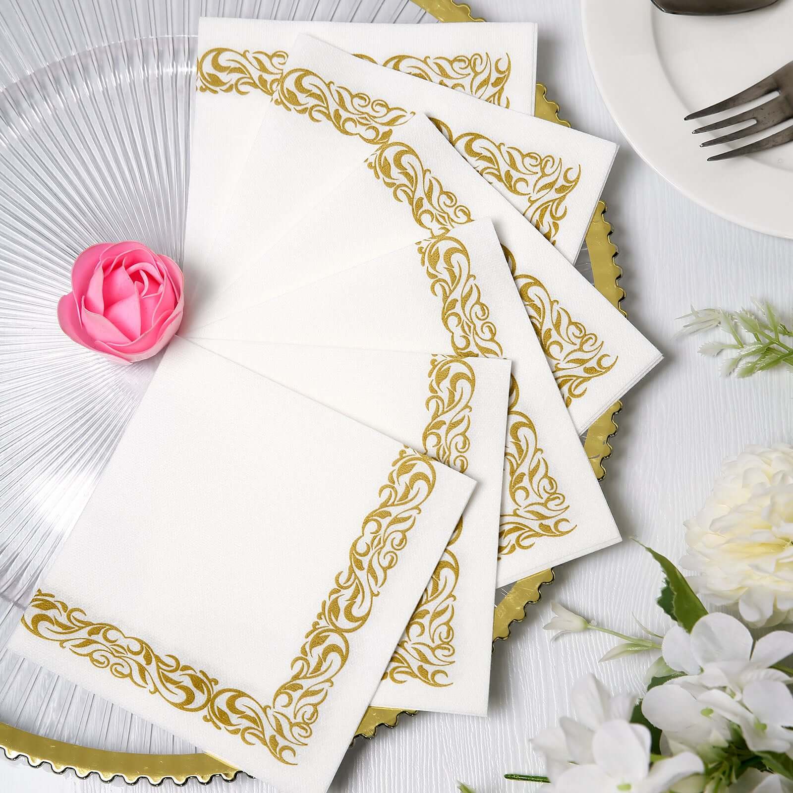 20-Pack Airlaid Party Napkins: White with Gold Scroll Floral Design - Soft & Absorbent