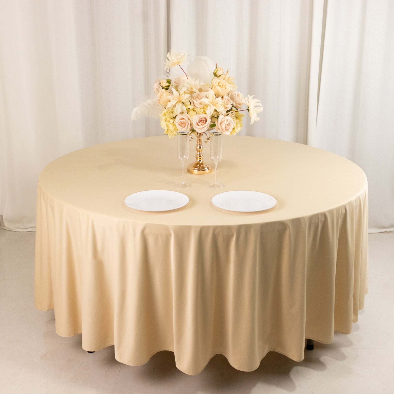 Hot! Premium Beige 108' Scuba Round Wrinkle & Stain-Free Tablecloth