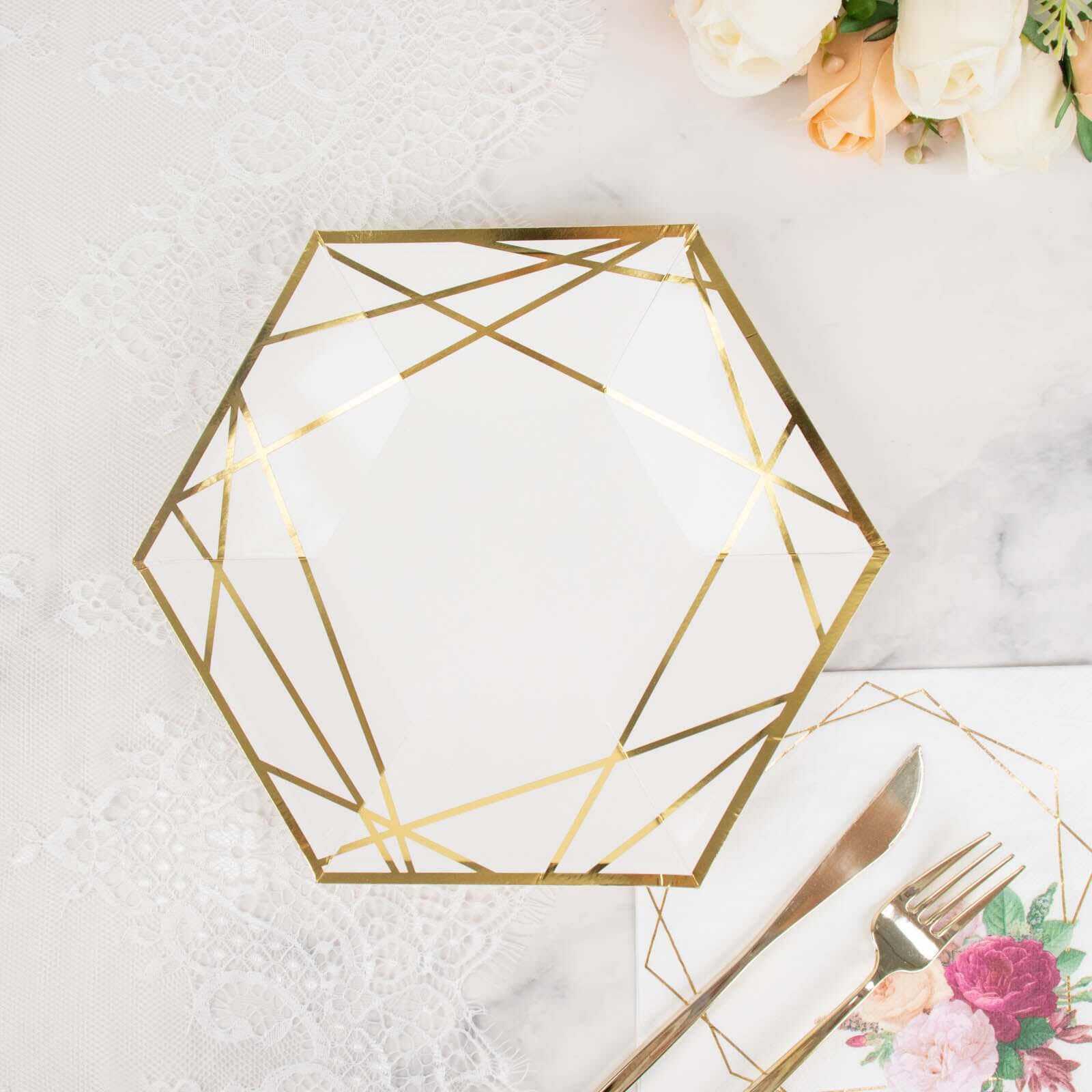 25-Pack White Paper Hexagon Dinner Plates with Gold Geometric Design - Great Value!