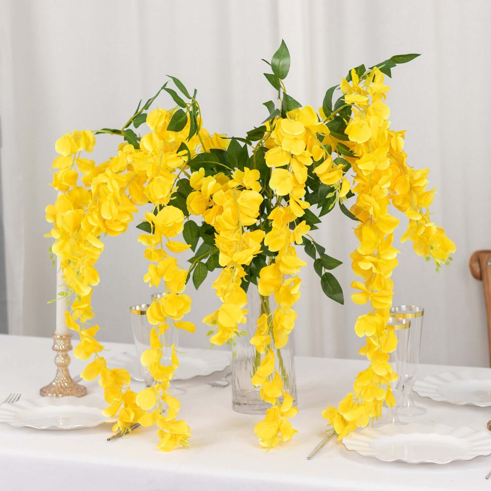 5-Pack Yellow Silk Wisteria Flower Garland Vines, 3 Hanging Strands per Bush, 44 Feet Long
