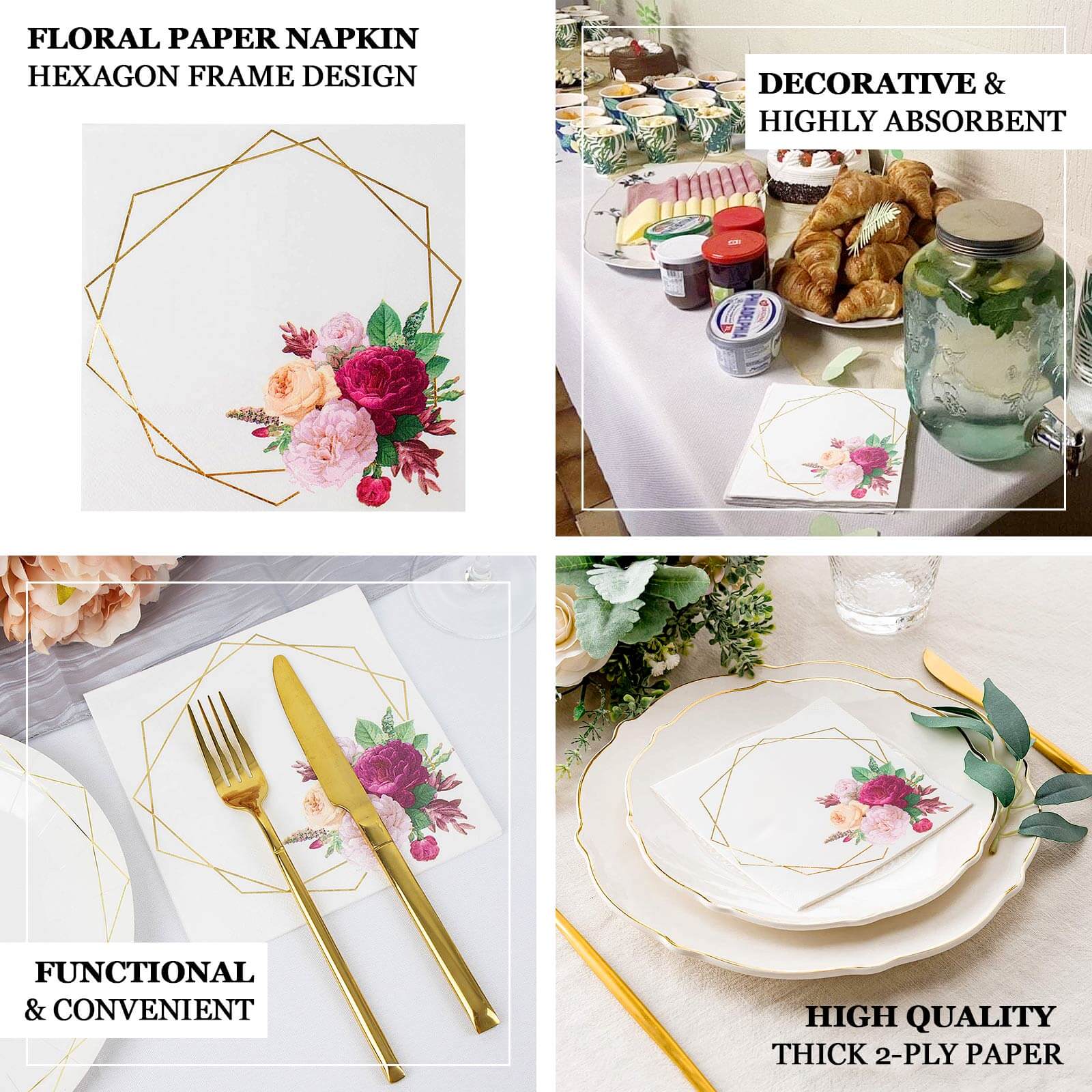 20-Pack White Paper Napkins with Gold Hexagon Frame & Floral Print - Ideal for Parties
