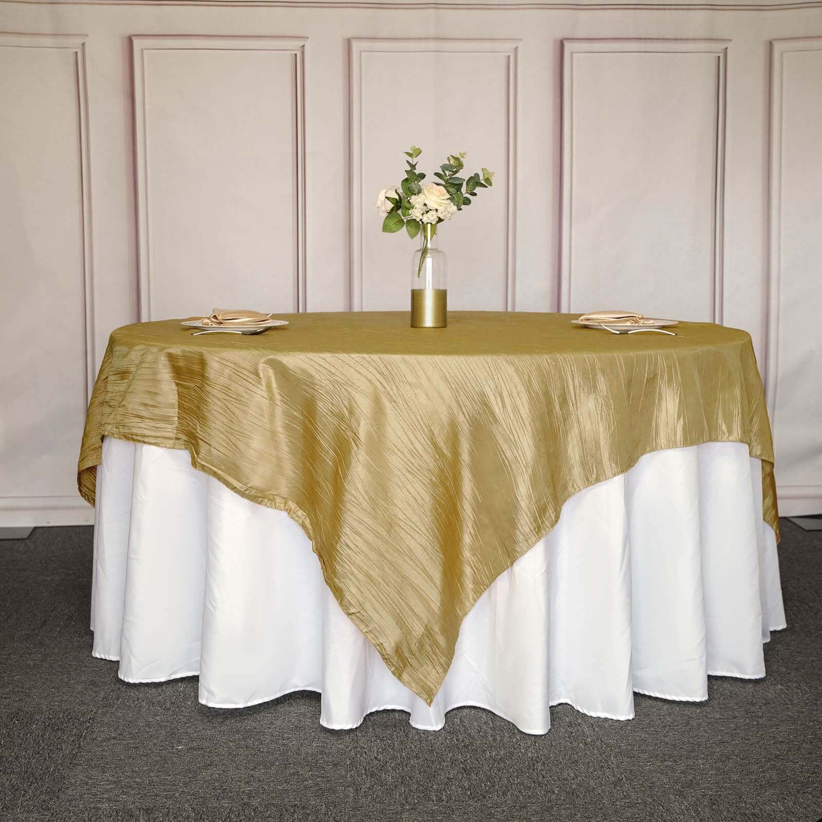Gold 90x90 Square Taffeta Table Overlay with Accordion Crinkle for Modern Celebrations