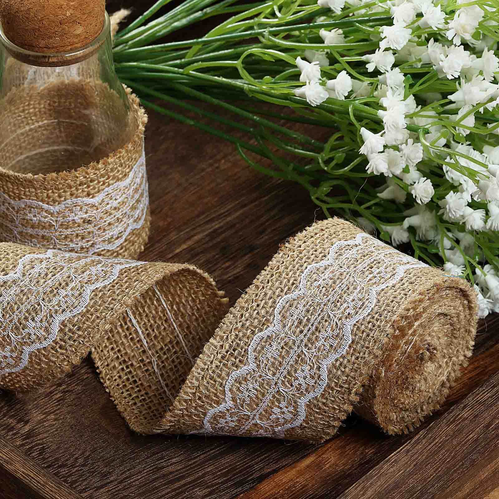 Pair of 16FT Natural Jute Burlap Ribbons with Wavy Lace Trim