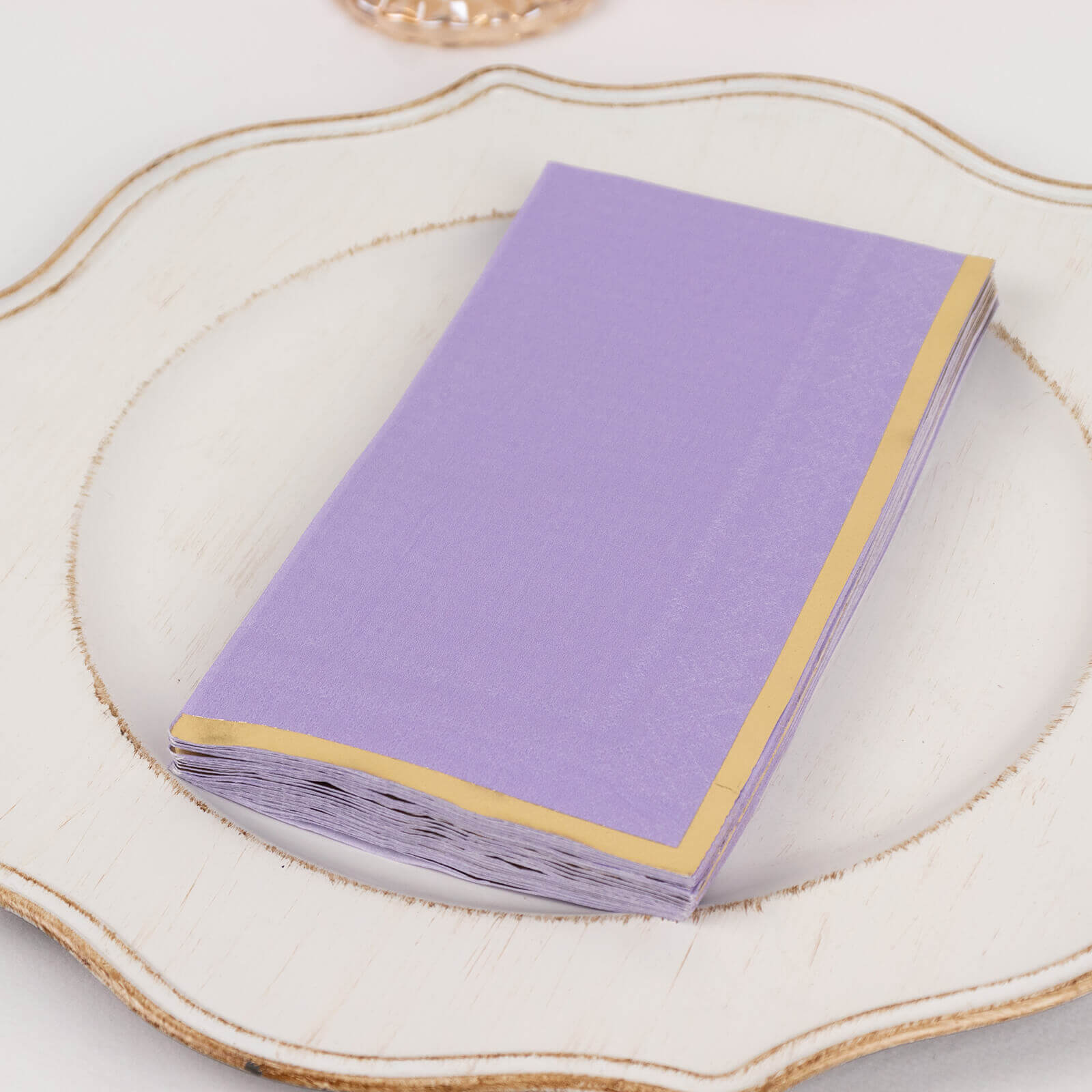 Get 50-Pack Stylish 2-Ply Disposable Paper Dinner Napkins in Lavender with Gold Foil Edge