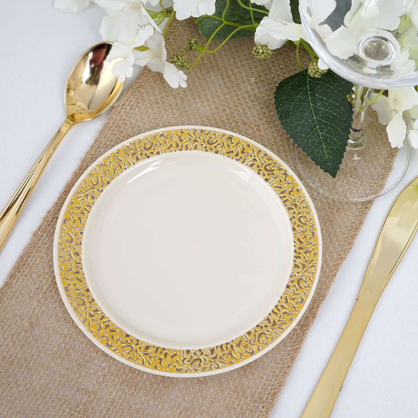 10-Pack Ivory Plastic Disposable Appetizer Plates with Gold Lace Rim, 6 Inches