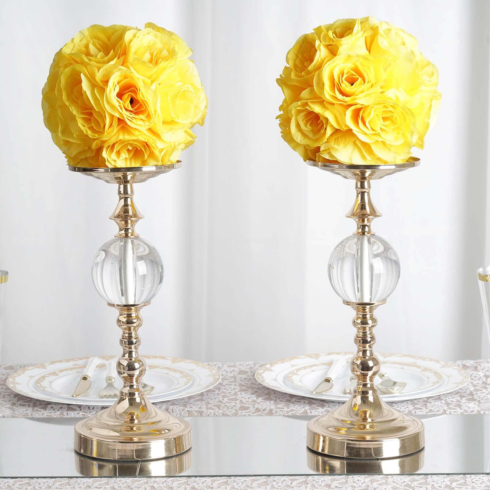 2-Pack 7-Inch Yellow Artificial Silk Rose Kissing Balls, Ideal Faux Flower Decor for Parties