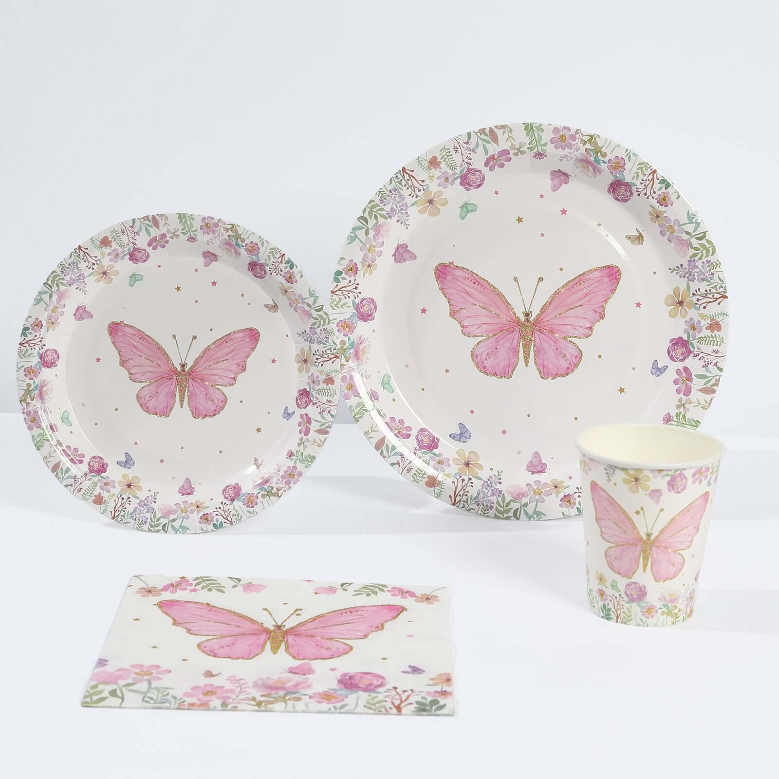 96-Piece Disposable Paper Dinnerware Set with Butterfly Print in White and Pink