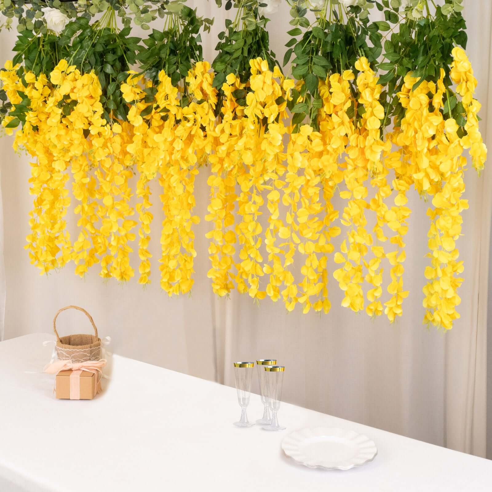 5-Pack Yellow Silk Wisteria Flower Garland Vines, 3 Hanging Strands per Bush, 44 Feet Long