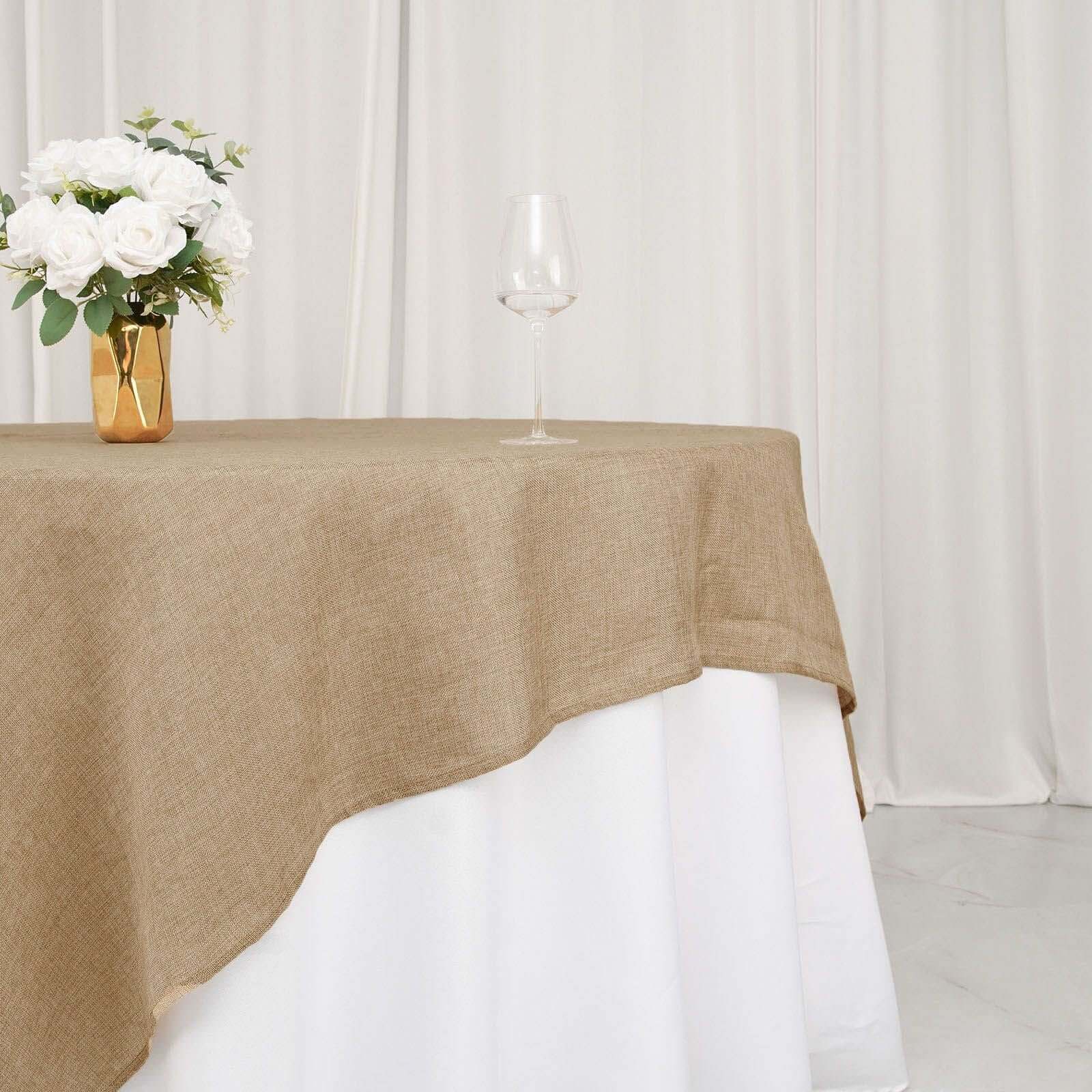 Hot Sale! Natural Faux Burlap 90x90 Square Table Overlay for Stylish Boho - Chic Celebrations