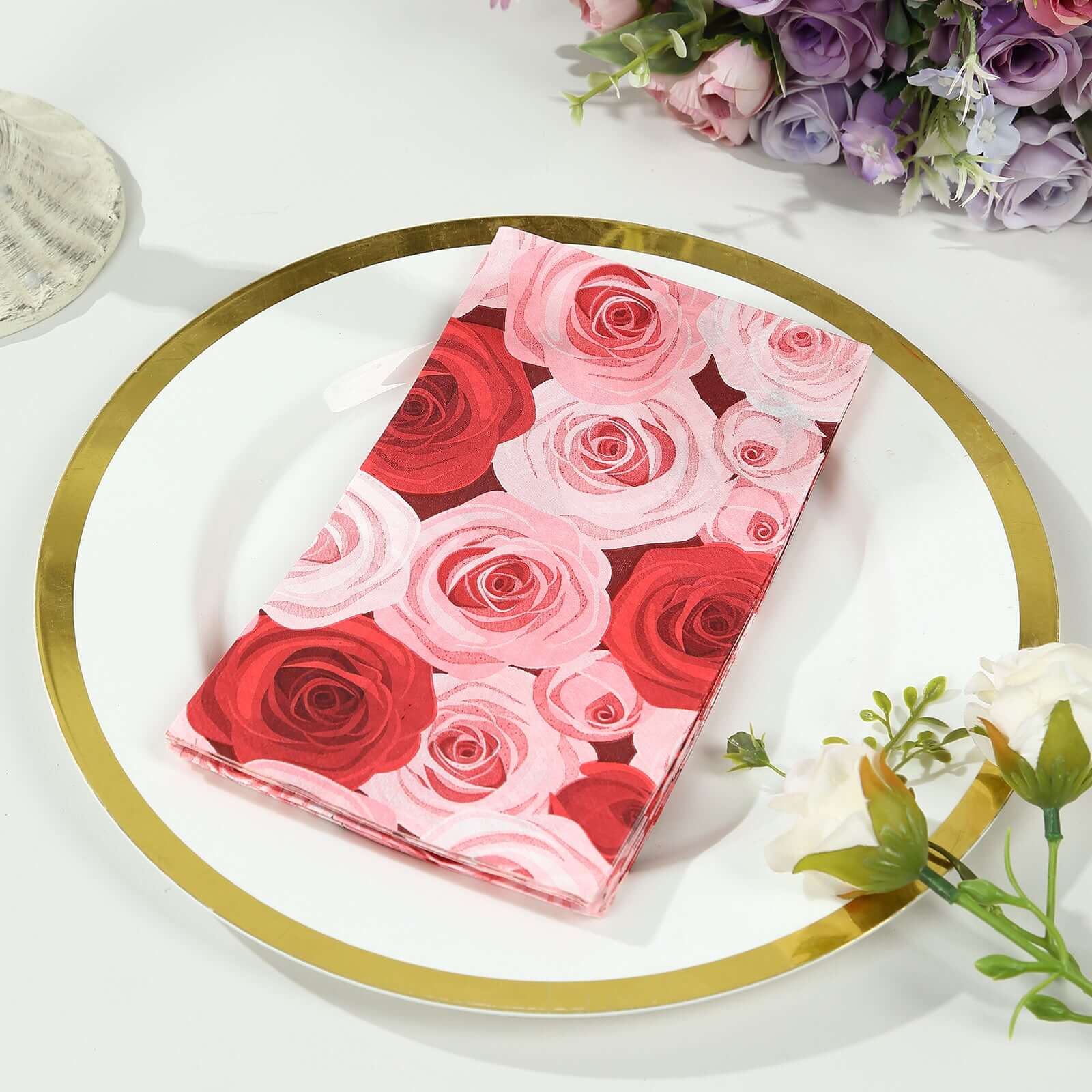 50-Pack 2-Ply Red/Pink Rose Floral Printed Paper Dinner Napkins - Stylish for Events