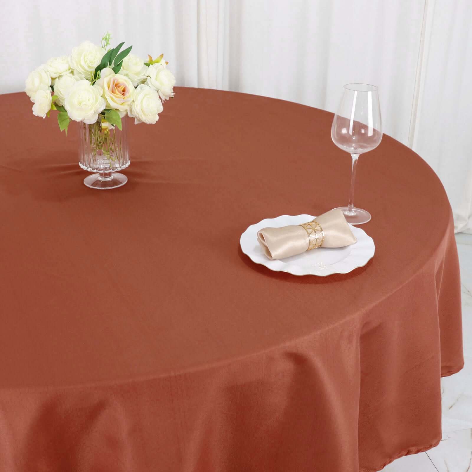 Hot! 90' Round Terracotta Polyester Tablecloth - Stain & Wrinkle Free
