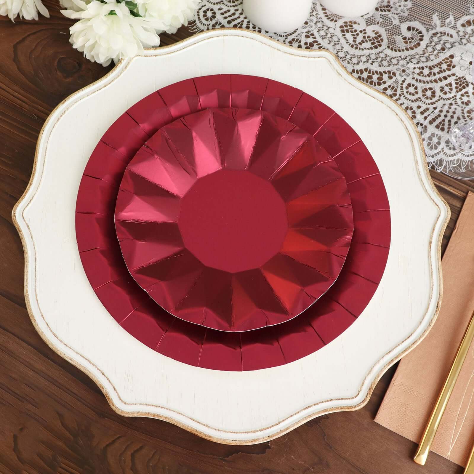 25-Pack 7-Inch Disposable Burgundy Round Dessert Plates with Geometric Prism Rim, 400GSM