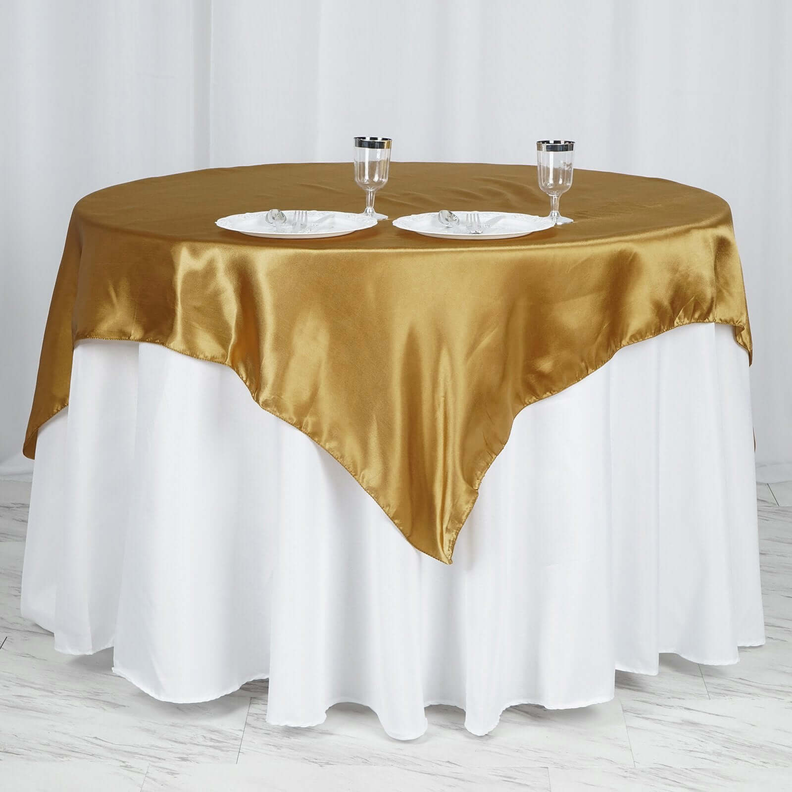 60x60 Gold Satin Square Table Overlay - Smooth Silky Table Cover for Elegant Events