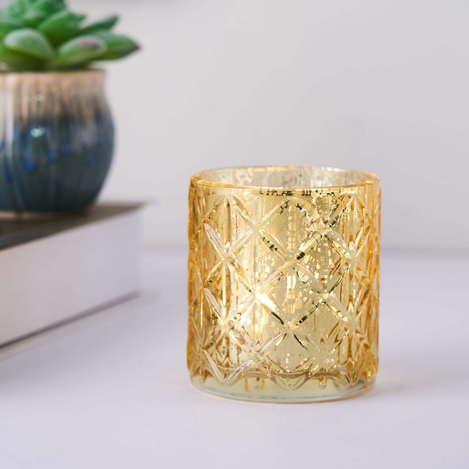 Hot Sale! 6-Piece Set of Shiny Gold Mercury Glass Votive Tealight Holders with Geometric Design