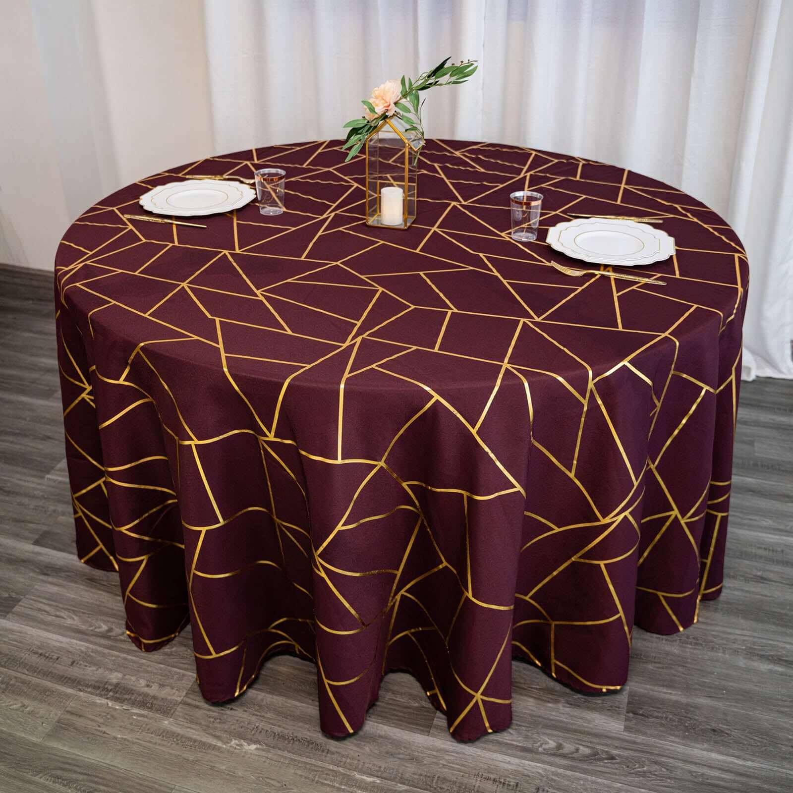 Exclusive 120-Inch Burgundy Polyester Seamless Round Tablecloth with Gold Foil Geometric Design for 5-Foot Tables
