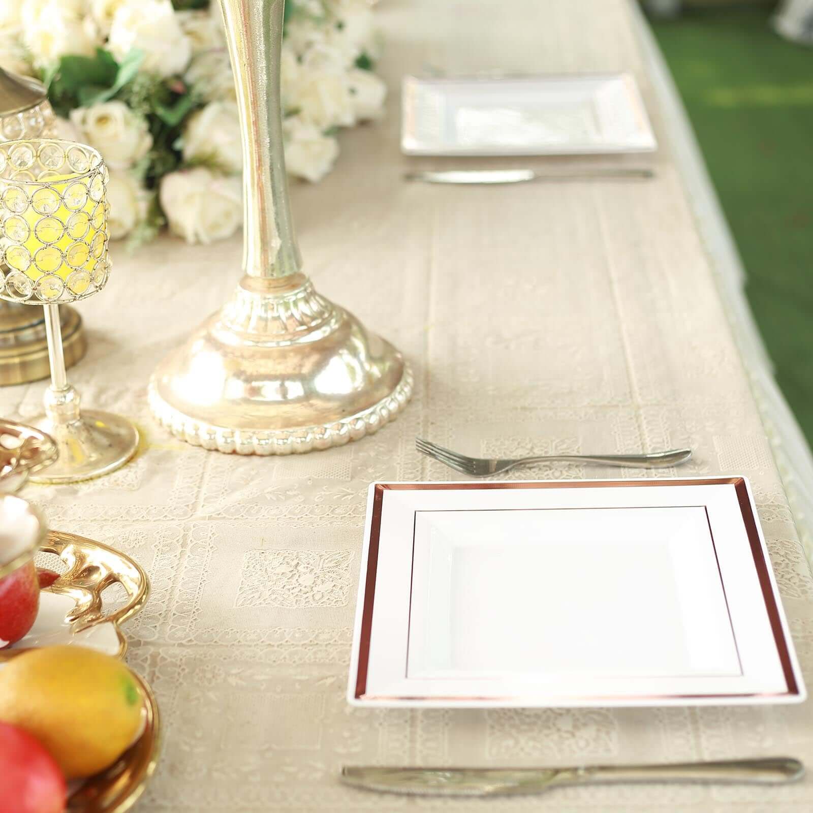 Hot Deal! 10-Pack White Square Plastic Dinner Plates with Rose Gold Trim for Events