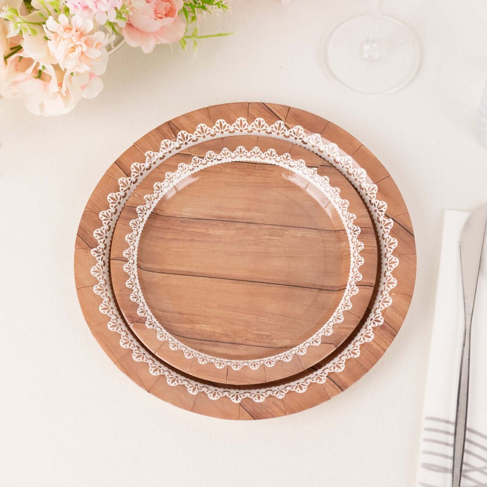 25-Pack Disposable 7-Inch Round Brown Wood Grain Paper Dessert Plates with White Lace Rim for Rustic Events