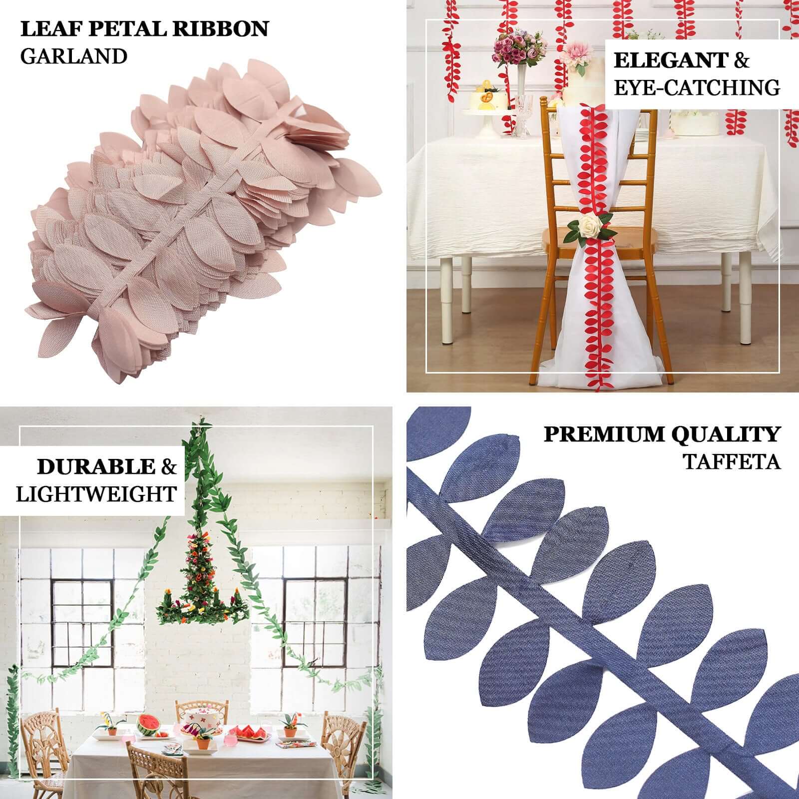50ft White Taffeta Ribbon Sash with 4 - Leaf Petal Design for Elegant Events